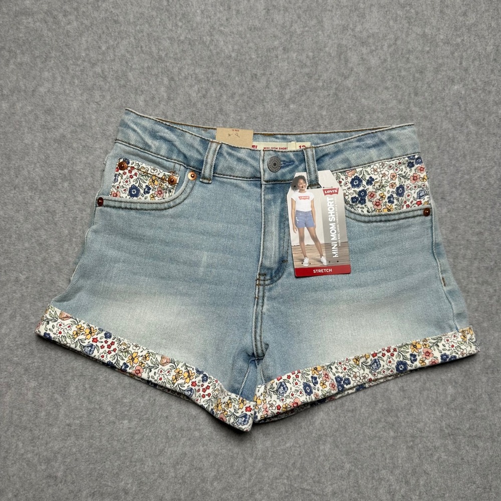 Levis Girls Mini Mom Shorts Light Wash Floral Denim Size 12 Reg Adjustable Waist